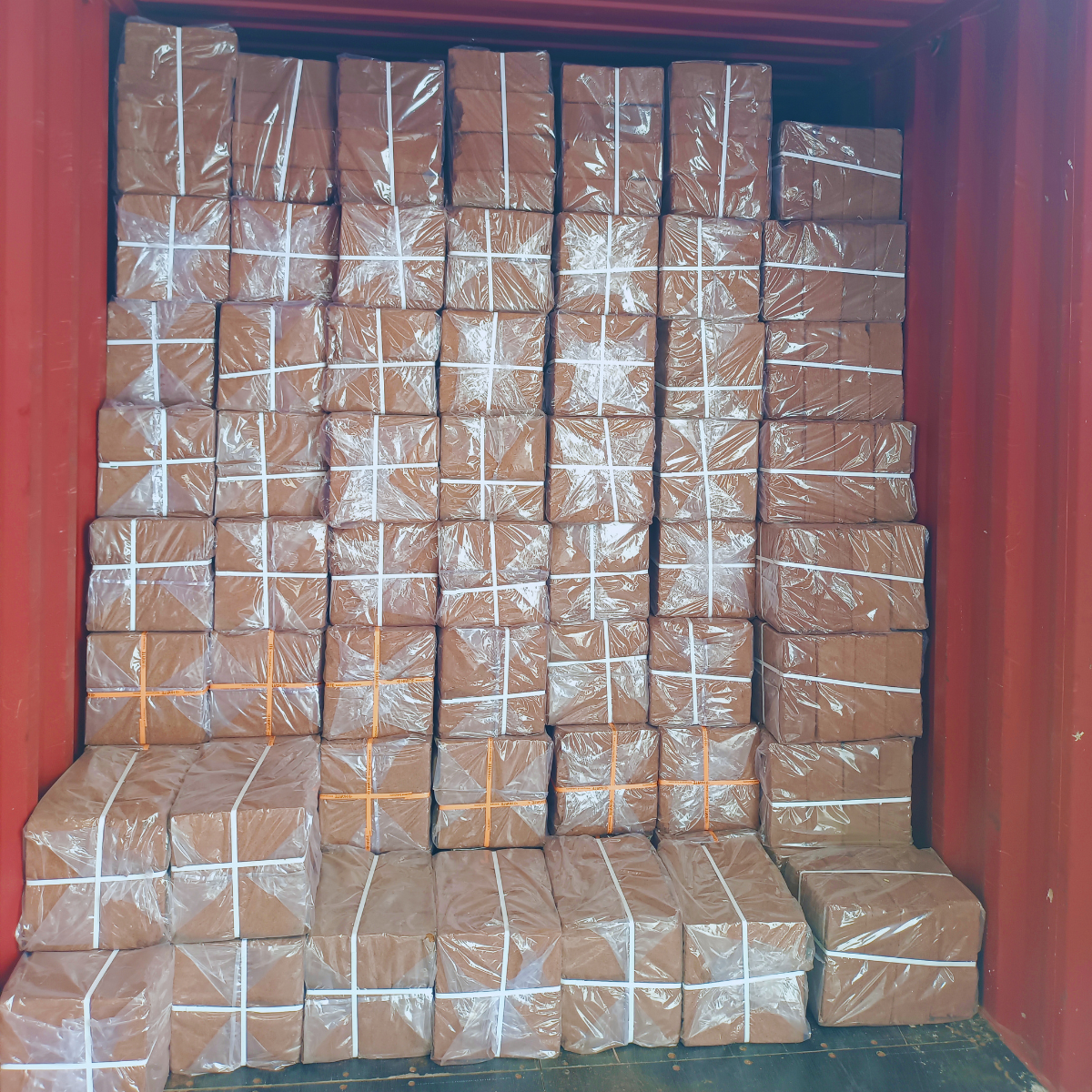 Bundles of coco peat blocks loaded inside a container