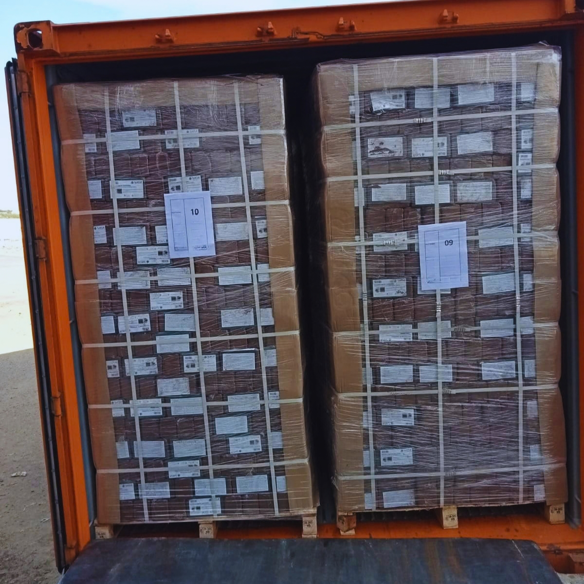 Palletized coco peat bricks wrapped for export