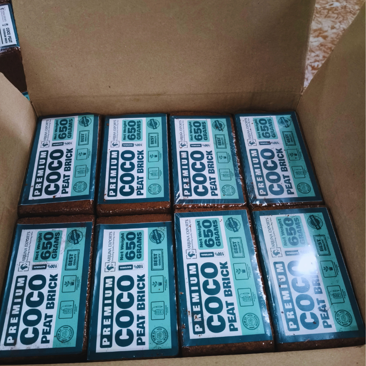 650 gram coco peat bricks packed in a carton box