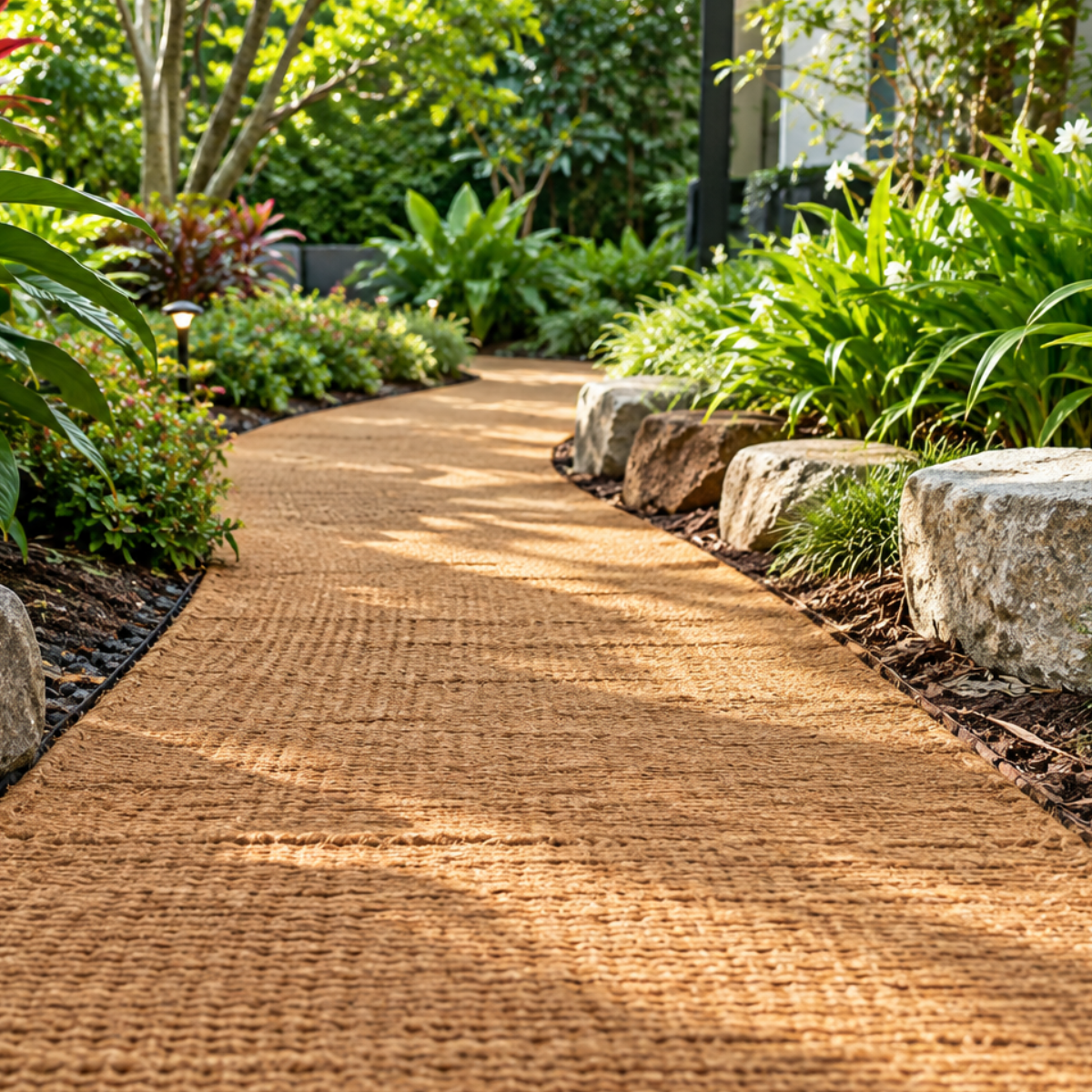 Coir matting along a garden pathway