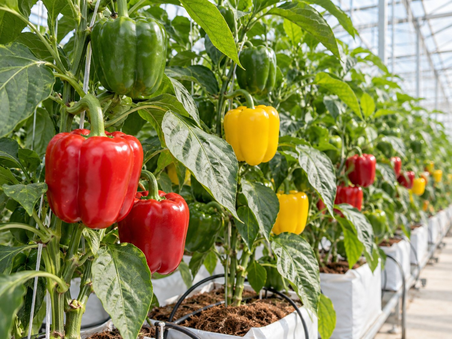 Bell pepper plants with red, yellow and green peppers growing in a greenhouse