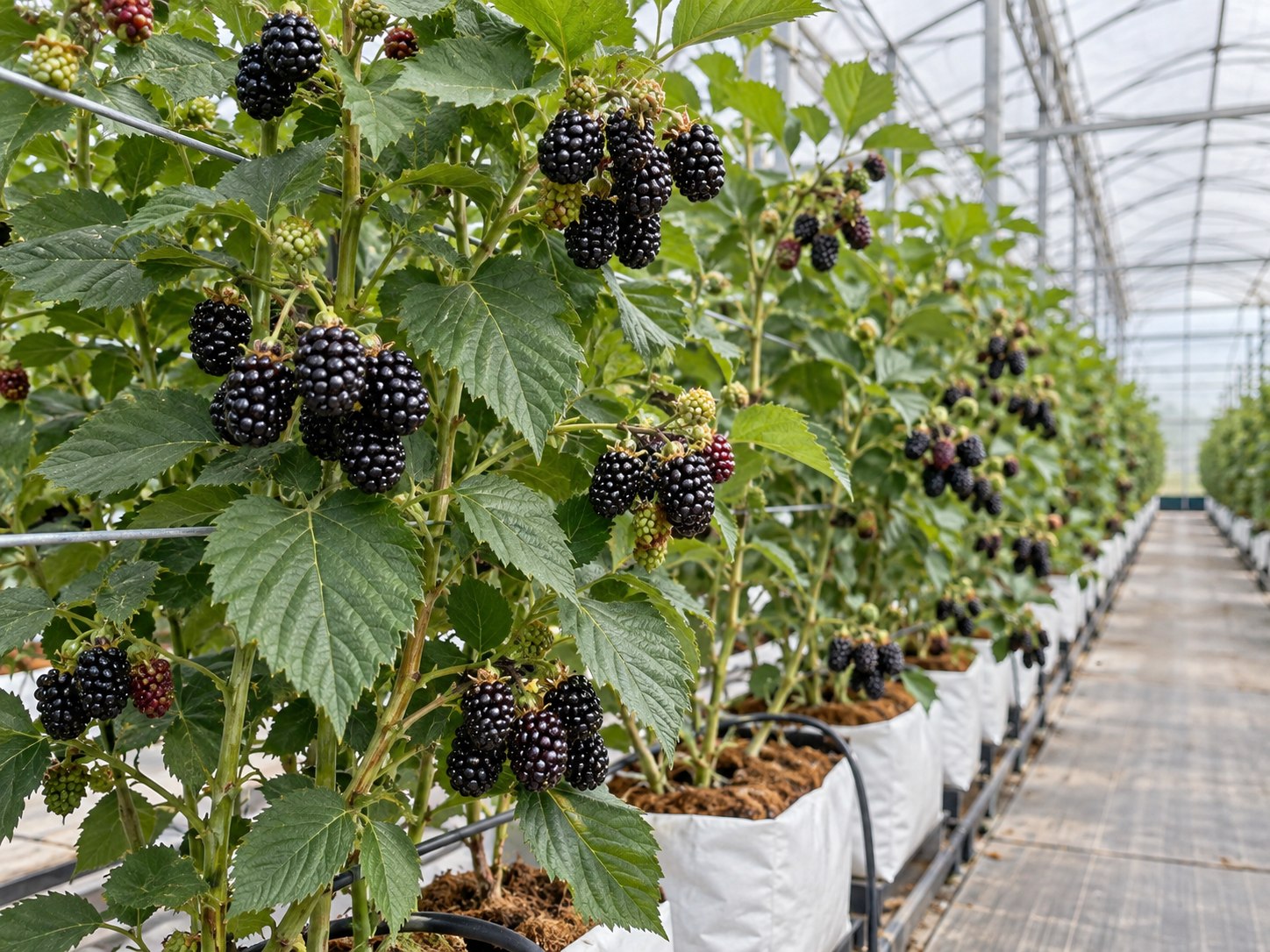 Blackberry canes with ripe blackberries growing in greenhouse coir bags