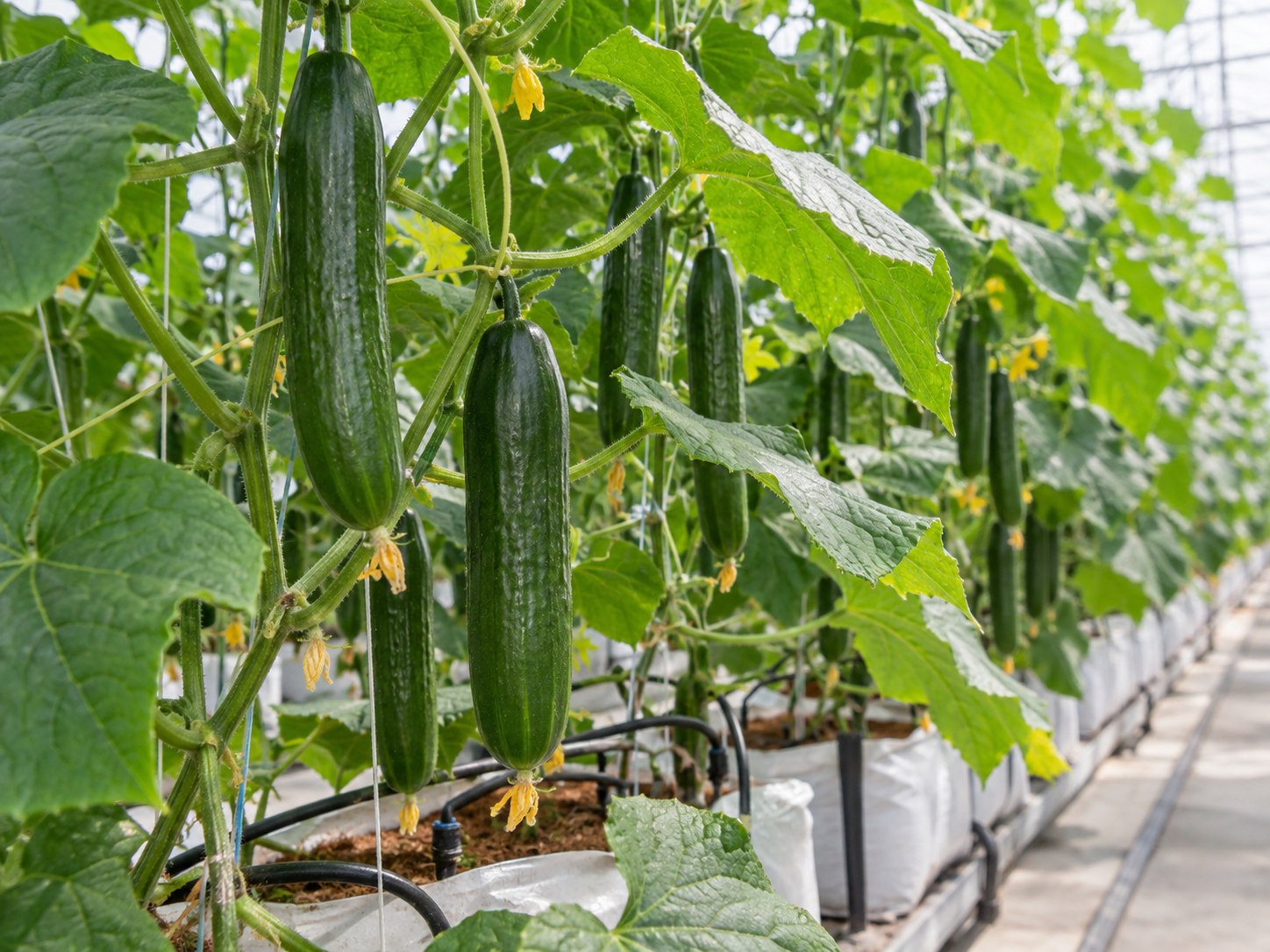Cucumber vines with cucumbers growing on trellises in a commercial greenhouse