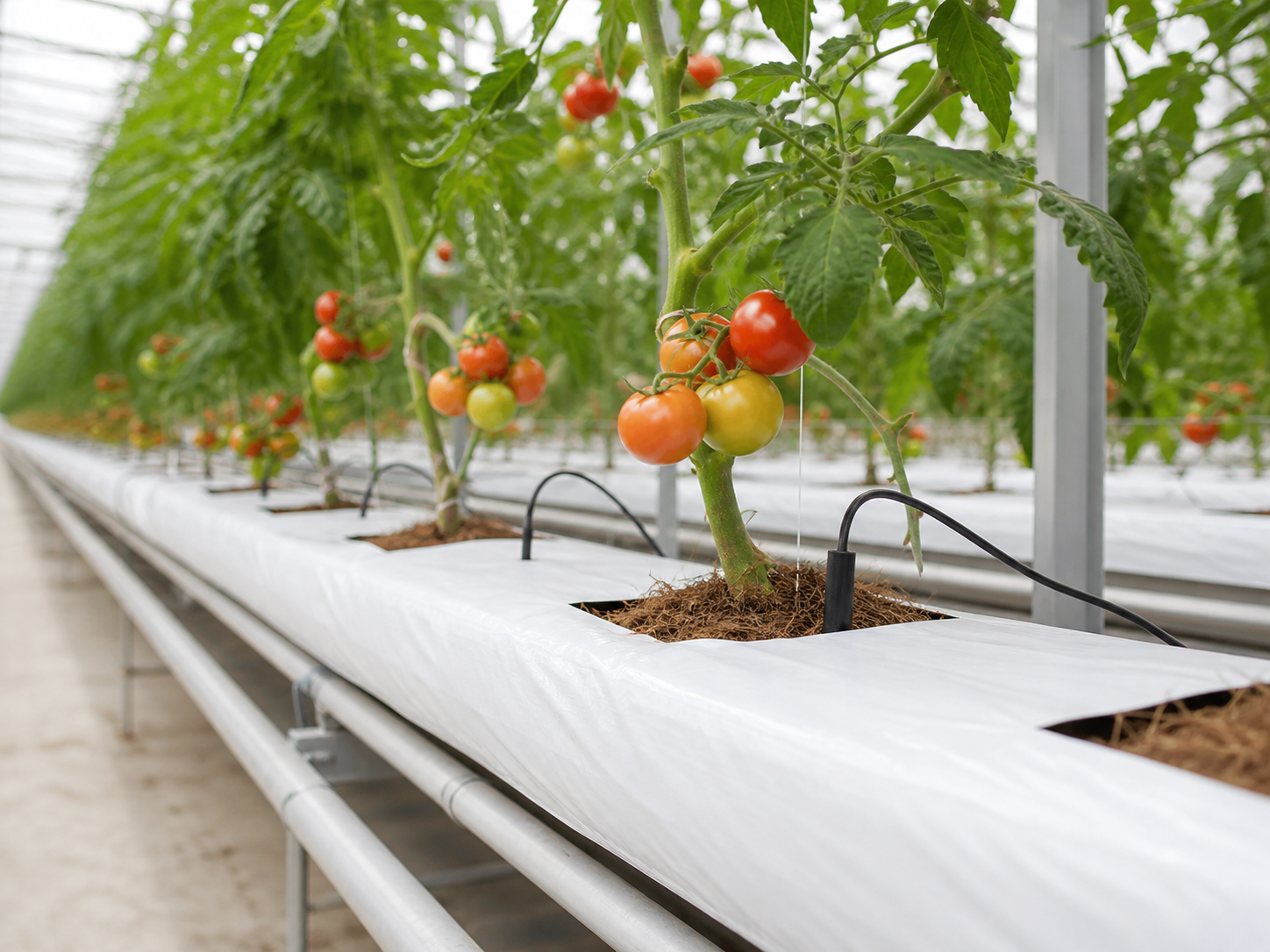Tomato plants thriving in coir grow bags inside a commercial greenhouse