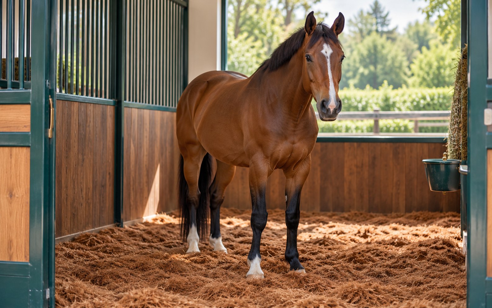 Brown horse standing in a wooden stable with coir bedding