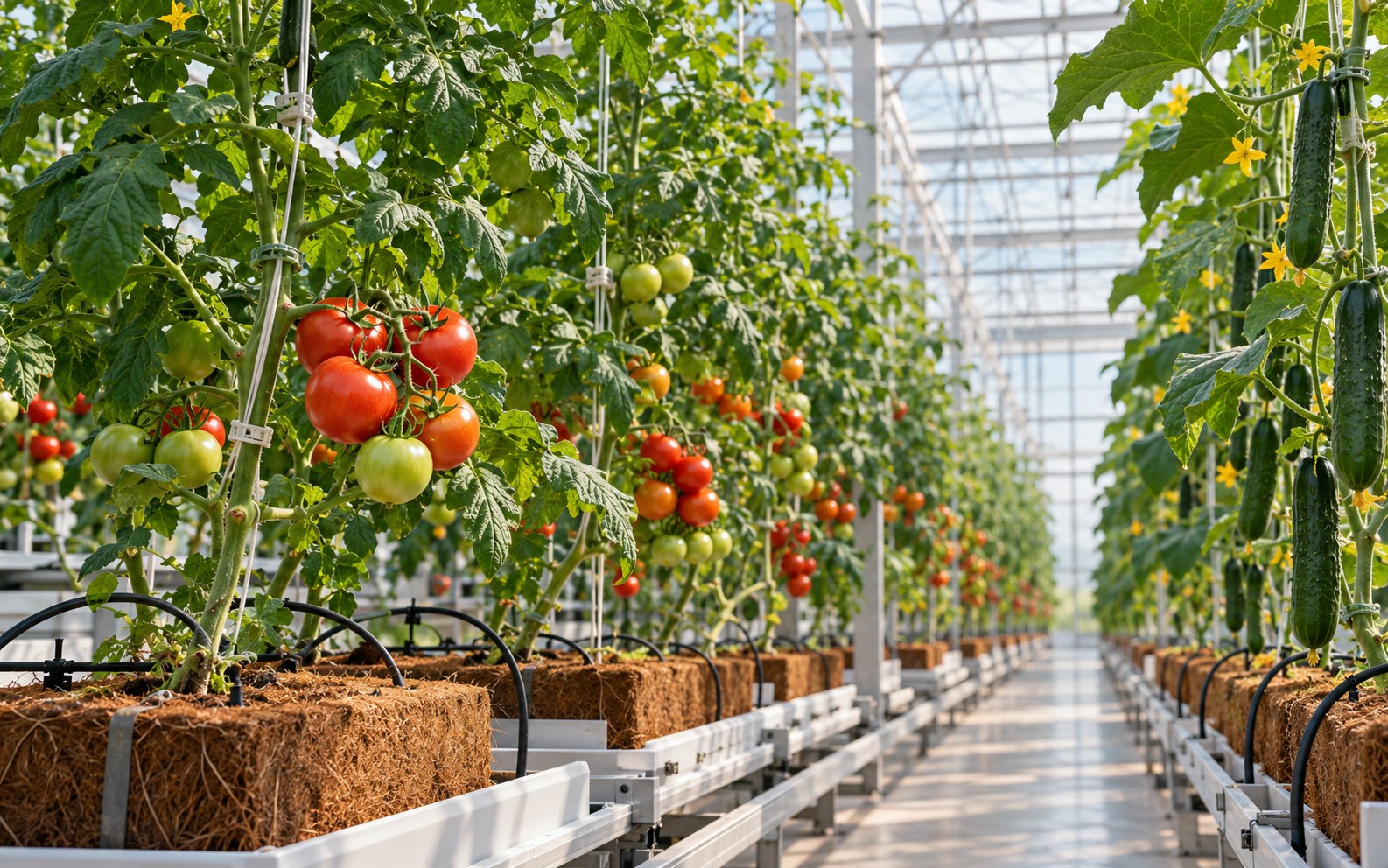 Tomato and cucumber plants growing inside a bright commercial greenhouse