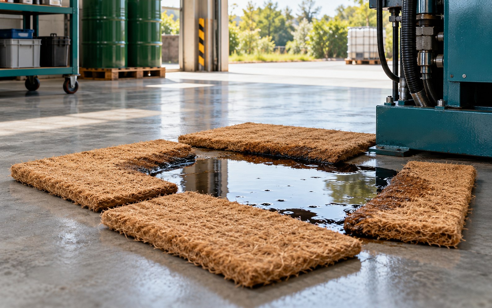 Coir fiber mats absorbing an oil spill on a factory floor beside machinery