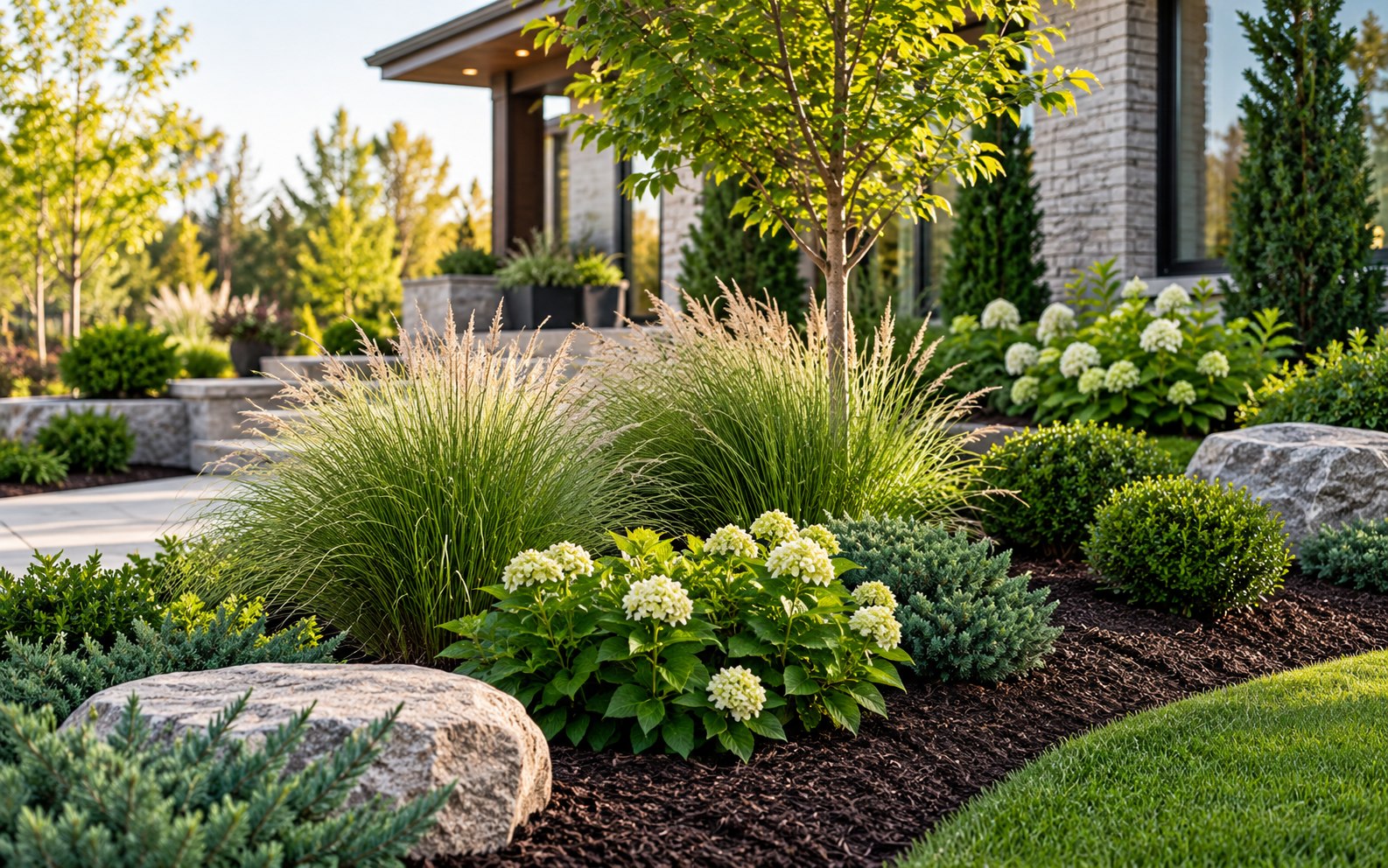 Freshly planted garden bed with natural mulch and leafy plants