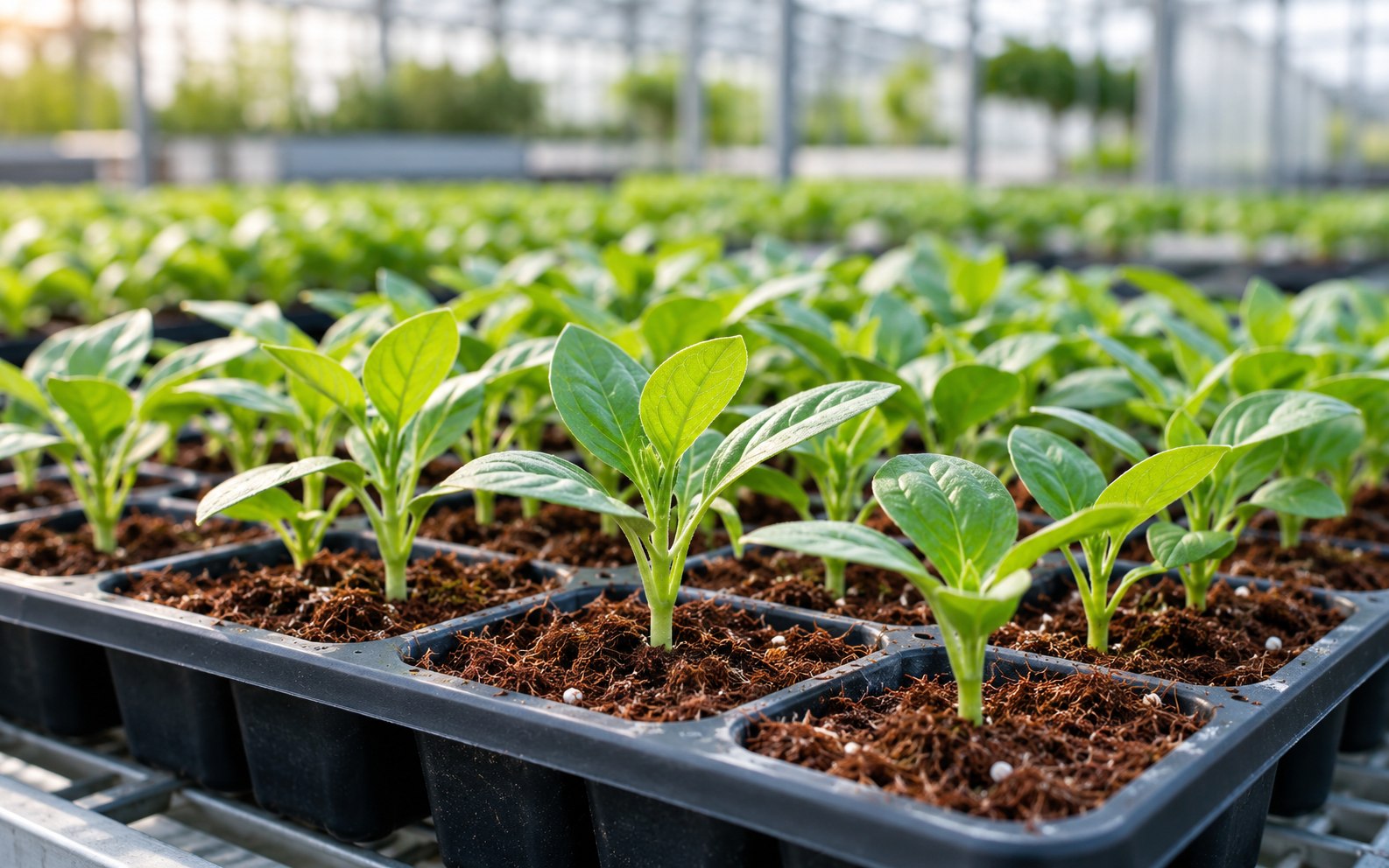 Young plants growing in organized propagation trays