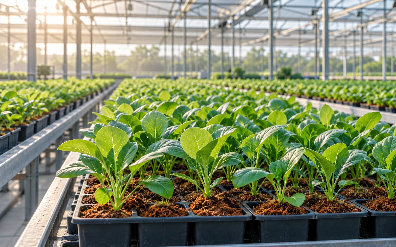 Rows of young seedlings in a modern commercial nursery