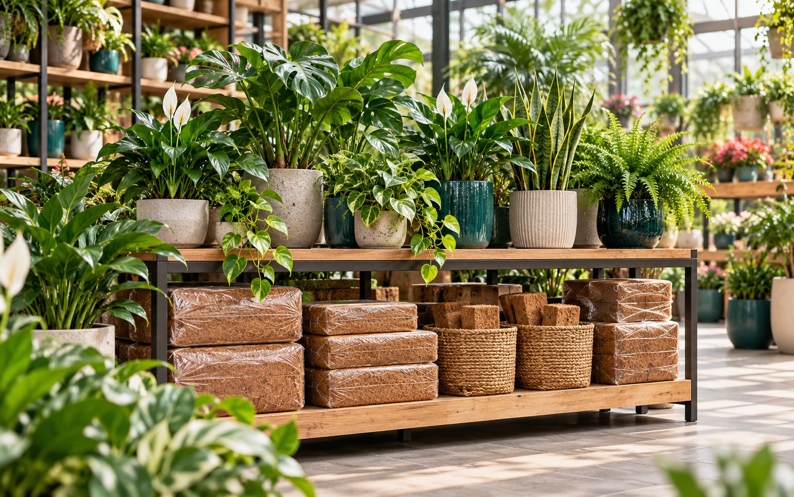 Coir and garden products arranged for retail garden use
