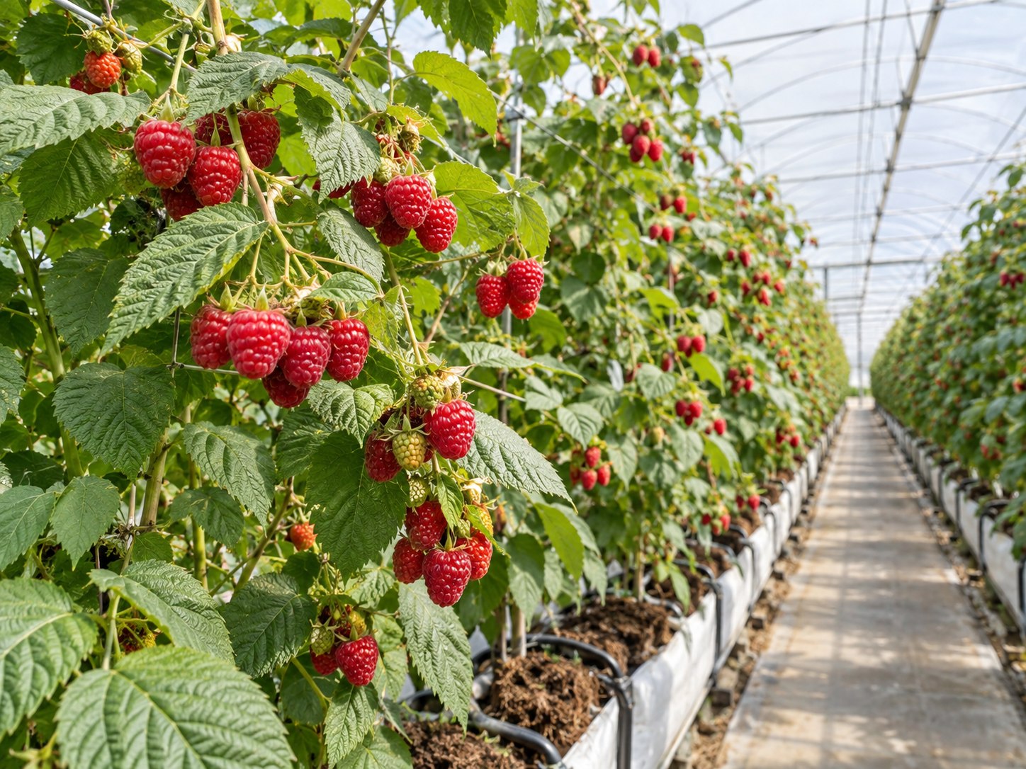 Raspberry plants with clusters of ripe raspberries in a commercial greenhouse