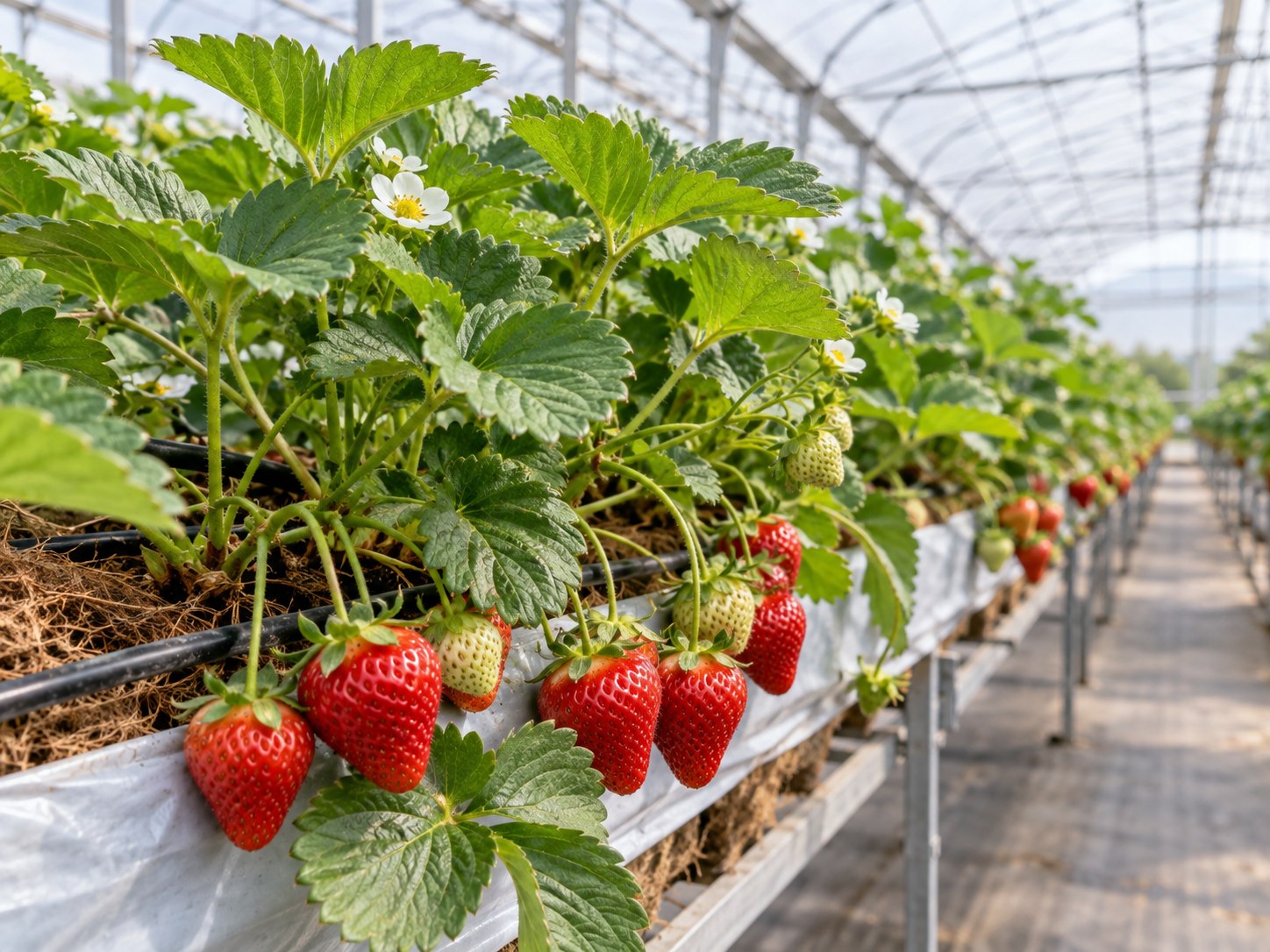 Strawberry plants with ripe red fruit growing in a coir greenhouse system