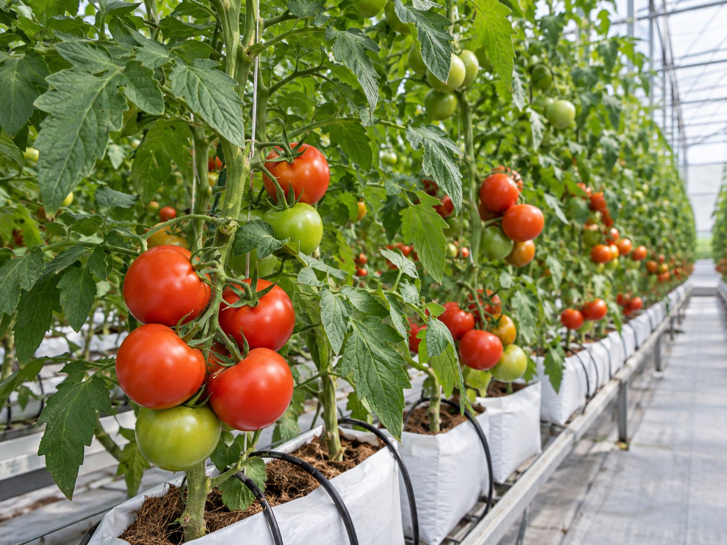 Tomato plants growing in coir grow bags inside a greenhouse