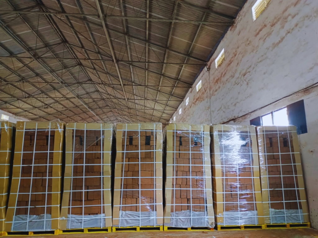 Coco substrate blocks wrapped and stacked inside the warehouse